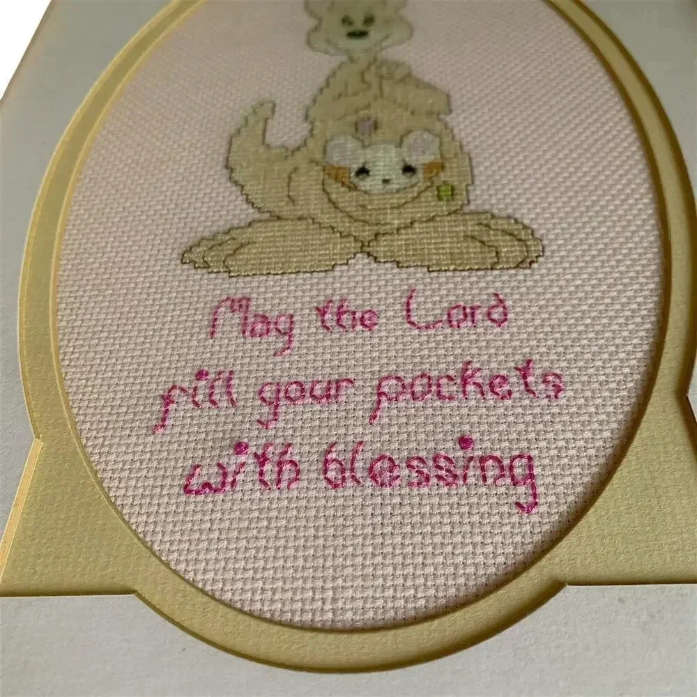 Precious Moments Vintage Cross Stitch Kangaroo Pockets Framed 14X10 Hand Crafted